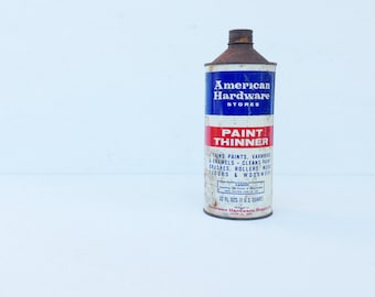 Industrial &quot;AMERICAN HARDWARE STORES&quot; Paint Thinner Tin Metal Advertising Can (Empty) Red White & Blue Container, Salvaged Mancave Display