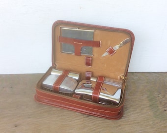 Genuine Leather Gentleman's Gromming Kit w/ 6 Piece Chrome Plate Metal Accessories, ca. 1950s, Vintage Men's Vanity Travel Case