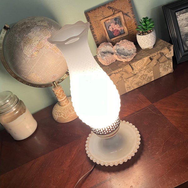 Hobnail Milk Glass Hurricane Lamp w/ Chimney Shade, Beaded Edges & Metal Skeleton Key Switch (Works) 13.5” Inches Tall (Small Stress Crack)