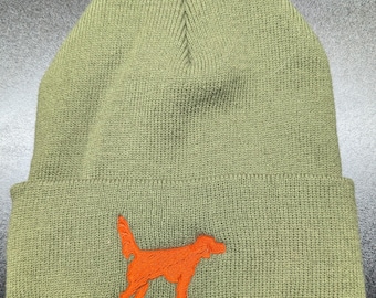 Setter Lover Beanie – Olive Green Hat with Orange English Setter Logo (Blemished)