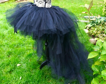 Adult Black High Low Tutu Skirt Gothic Halloween Costume Dramatic Tulle Party Outfit