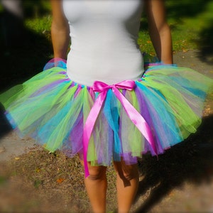Puede incluir: Una falda de tut&uacute; de tul multicolor con un lazo de cinta de raso rosa. La falda est&aacute; hecha de capas de tul verde, azul, morado y amarillo.