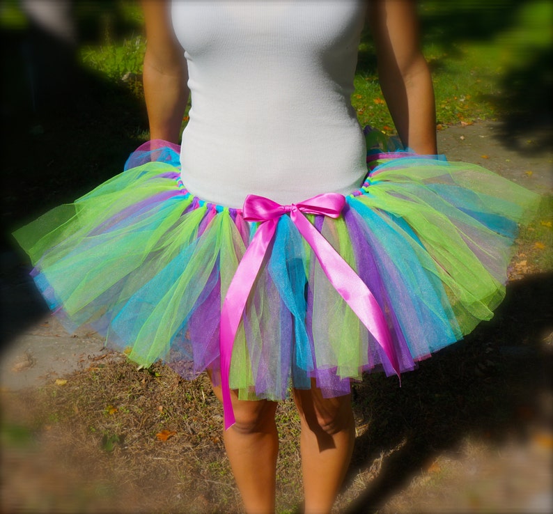 Puede incluir: Una falda de tut&uacute; de tul multicolor con un lazo de cinta de raso rosa. La falda est&aacute; hecha de capas de tul verde, azul, morado y amarillo.