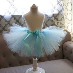 May include: A light blue tulle tutu with a turquoise satin bow. The tutu is displayed on a white mannequin.