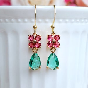 Light green drop earrings, Everyday small pink and green earrings, Rose pink flower CZ earrings, Cute drop earrings, Gift for her