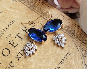 Blue drop and CZ feather earrings, CZ drop sapphire earrings, Large blue and gold earrings, Art deco sparkle earrings, Something blue