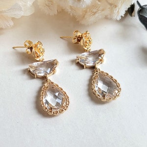 Clear drop earrings Art Deco earrings Gold rose stud Bridal earrings Gold and long crystal drop earrings Gift for her Wedding earrings