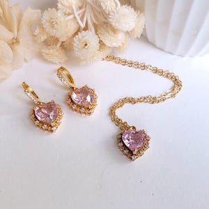 Pink heart drop and necklace set, Pink dangling earrings and pendant,  CZ Hoop earrings, Y2K Pink heart earrings, Gift for girlfriend