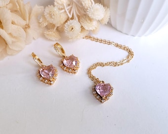 Pink heart drop and necklace set, Pink dangling earrings and pendant,  CZ Hoop earrings, Y2K Pink heart earrings, Gift for girlfriend