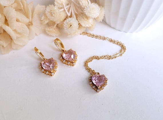 Pink Heart Drop and Necklace Set, Pink Dangling Earrings and