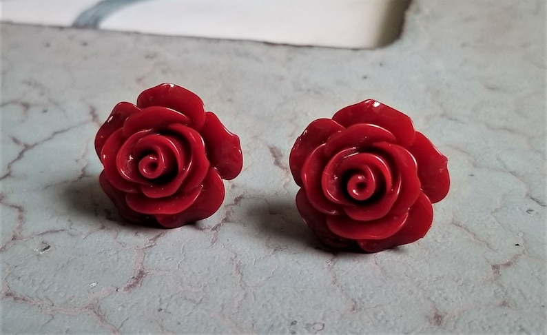 Red rose earrings, Flower stud earrings, S925 earrings, Sterling silver post earring, Sterling Silver Back, Christmas earrings image 6