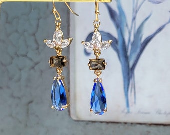 Blue drop earrings, Bridal drop earrings, Blue and gold CZ Marquise earrings, Topaz and blue crystal drop earrings, Long drop earrings