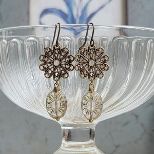 Antique inspired Czech glass earrings, Czech glass drop earrings, Boho filigree earrings, Shabby chic earrings, Earring gift for her