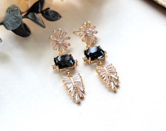 Cubic zirconia clear and charcoal gray earrings, CZ flower Long crystal dangle earrings, Bridal earrings, Gold and clear drop S925 post