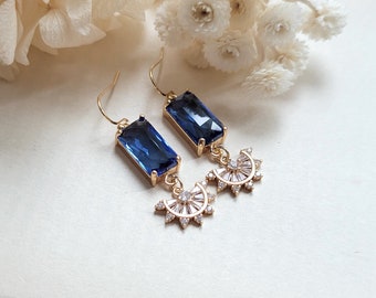 Art Deco Blue Glass Drop Earrings, CZ Fan, Gatsby Style