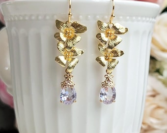 Gold Orchid Flower Drop Earrings, Crystal Teardrop Bridal Jewelry