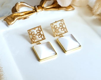 Gold filigree stud earrings, Cat eye stone drop earrings, Square dangle earrings, Geometric earrings, Gold and white earrings