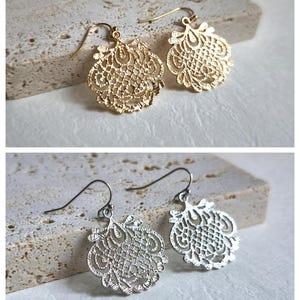 Boucles d&#39;oreilles en filigrane d&#39;or, boucles d&#39;oreilles en filigrane d&#39;argent pendantes, boucles d&#39;oreilles en dentelle en filigrane, cadeau de boucles d&#39;oreilles, boucles d&#39;oreilles de mariée, boucles d&#39;oreilles de demoiselle d&#39;honneur