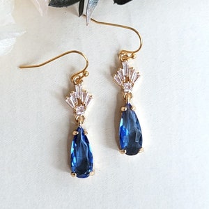 Blue crystal drop earrings CZ drop earrings gift Art Deco crystal earrings Bridal earrings Blue drop earrings Something blue Mid blue drop