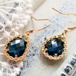 Navy blue drop earrings, Teardrop earrings, Bridal earrings, Blue and gold earrings, Wedding earrings, Something blue, Simple drop earrings image 4