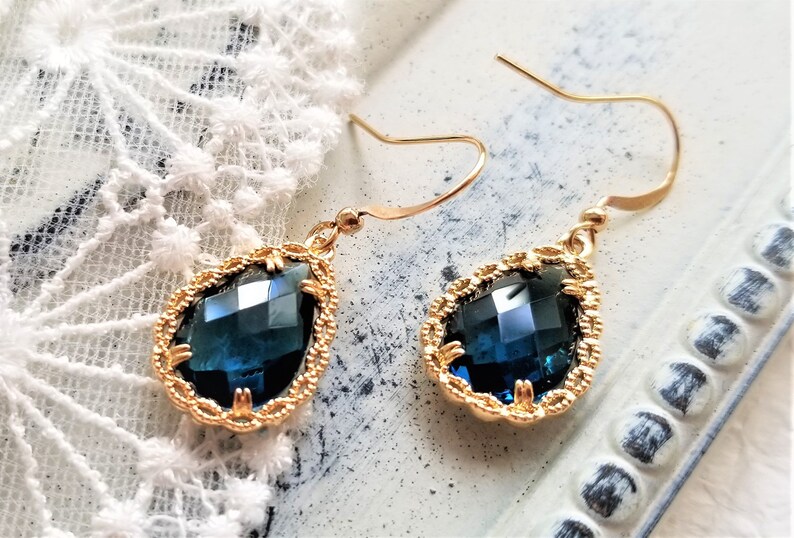 Navy blue drop earrings, Teardrop earrings, Bridal earrings, Blue and gold earrings, Wedding earrings, Something blue, Simple drop earrings image 4