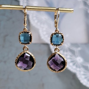 Navy blue and purple drop earrings Purple drop earrings Blue crystal drop earrings Bridal earrings Blue and gold earrings Earrings gift