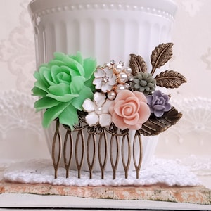 Frische grüne rose weiß und Blush Rosen Braut Land Garten Zubehör antike inspiriert Hochzeit Haarkamm