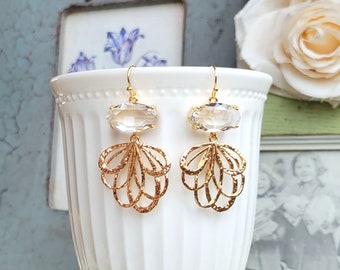 Clear crystal earrings Bridal earrings Art Deco earrings Gold filigree earrings Wedding earrings Geometric earrings Crystal and gold earring