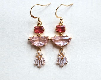 Pink crystal CZ drop earrings, Rose pink drop, Pink earrings for her, Art Deco Pink and gold dangle earrings, Pink lovers jewelry