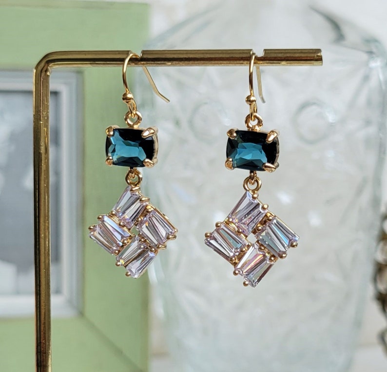 Navy blue clear crystal drop earrings Something blue Mosaic CZ crystal earrings Blue and gold earrings Blue and gold earrings gift for her image 2