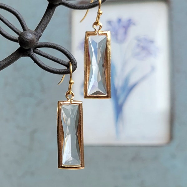 Rectangular dangling earrings Crystal bridal earrings gift Gold bridal clear drop earrings Gold bridesmaid earrings Simple geometric drop