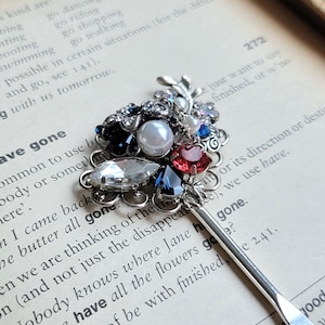Crystal bookmark, Rhinestone bookmark, Blue and red crystal bookmark, Metal bookmark gift, Bling bling gift, Silver Assemblage bookmark