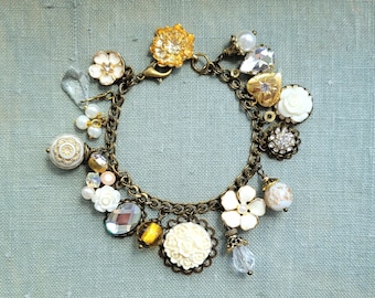 Pearl and gold charm bracelet, Shabby chic, Vintage inspired bracelet, Charms bracelet, Crystal bracelet, Assemblage Cha cha bracelet