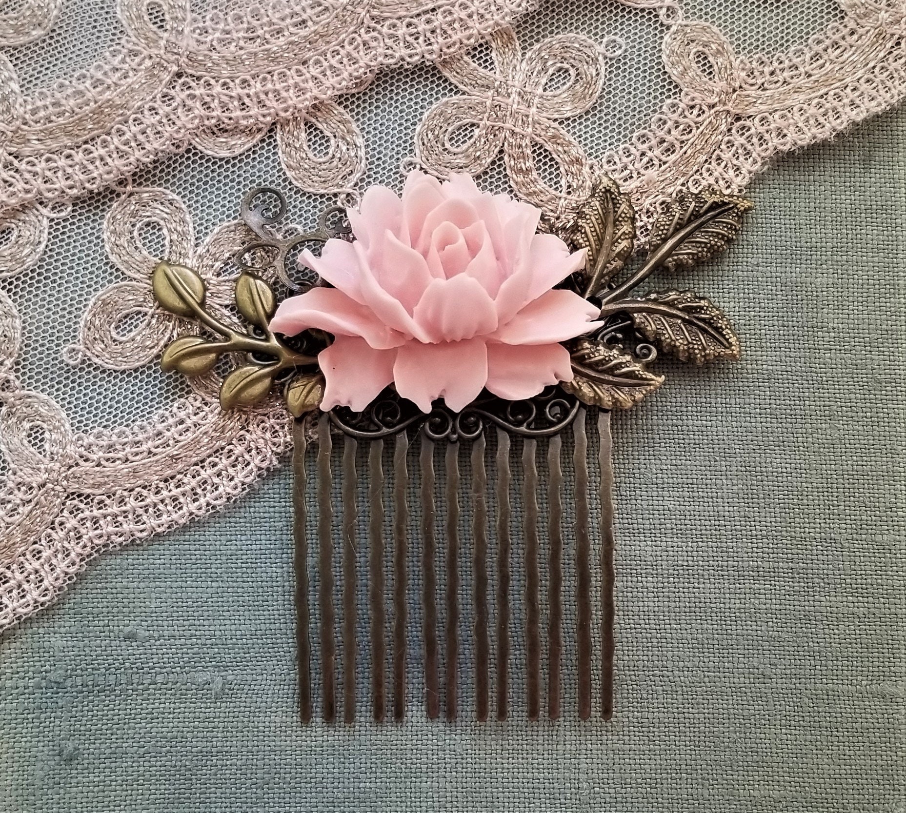 Pink flower comb Pink rose comb Rustic bridal comb Flower Etsy