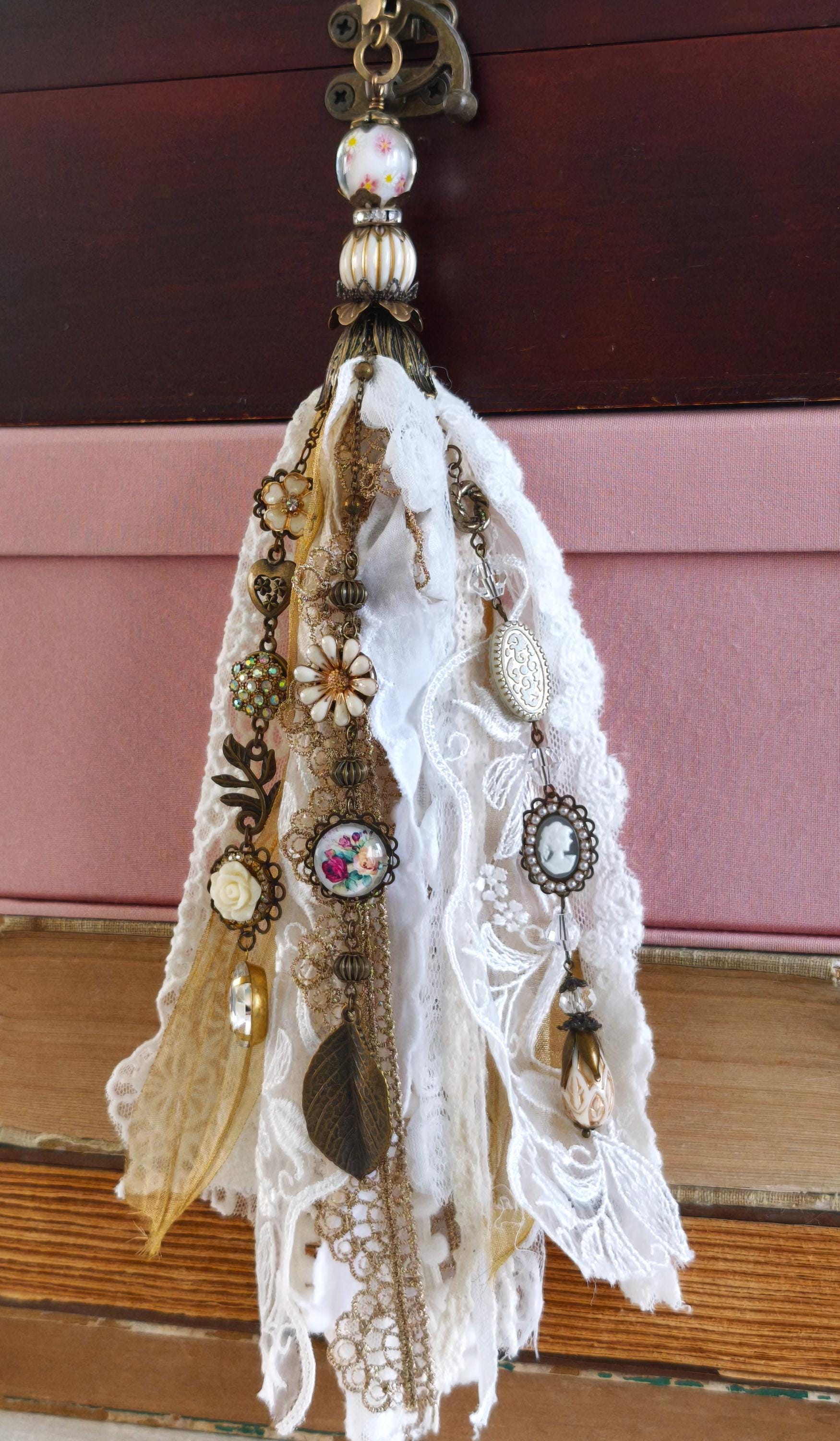 Ivory Keychain Ivory Lace Tassel Keychain, Shabby Chic Beaded Decor, French Country ...