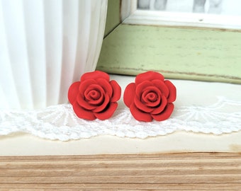 Red Flower earrings, Large Flower stud earring, Matte red rose earrings gift, S925 Sterling silver post earring, Christmas flower earring