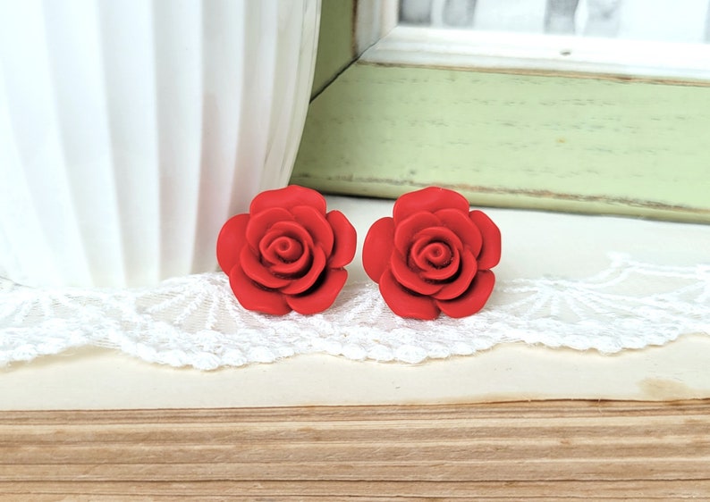 Red Flower earrings, Large Flower stud earring, Matte red rose earrings gift, S925 Sterling silver post earring, Christmas flower earring image 1
