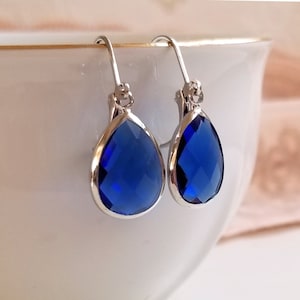 Sapphire drop earrings, Bold teardrop earrings, Blue and silver earrings, Bridesmaid earrings, Gift earrings, Blue drop earrings