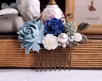 Dusty blue Navy blue Sage Green and White hair comb, Shabby chic Bridal hair comb, Rustic hair comb, Something blue jewelry