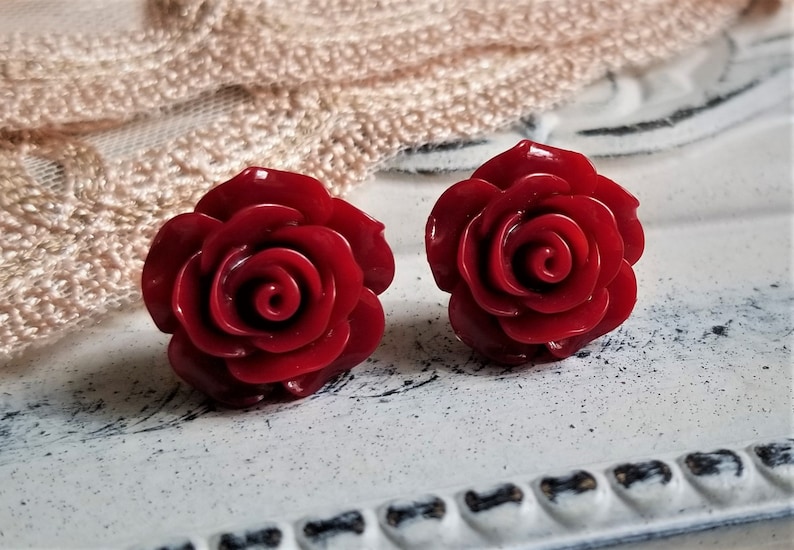 Red rose earrings, Flower stud earrings, S925 earrings, Sterling silver post earring, Sterling Silver Back, Christmas earrings image 4