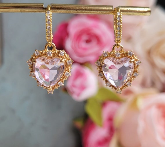 ◇Monday Edition◇ HEART DROP PENDANT EARRINGS Pink Heart Drop and Necklace Set, Pink Dangling Earrings and