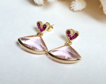 Pink heart stud earrings 925 sterling post Hot pink earrings Pink dangle Pink and gold earrings Fuchsia heart pink earrings gift for her