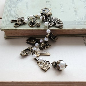 Cha cha bracelet Vintage inspired charm bracelet Boho charms rustic bracelet Pearl and charms bracelet Gift for her