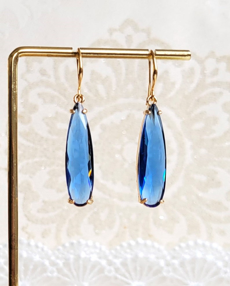 Blue drop earrings, Long teardrop earrings, Crystal dangling earrings, Bridal earrings, Blue earrings, Long crystal earrings, Something blue image 3