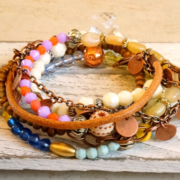 Gypsy stackable copper charms leather bracelet Multi-strands stretchable bracelet