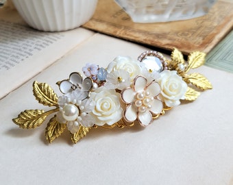 Pearl and rose Victorian barrette Vintage inspired Woodland wedding flower barrette Assemblage hair piece Shabby chic bridal gold barrette