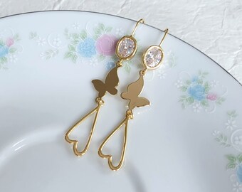 CZ gold earrings, Long fashion earrings, Gold charm and CZ Earrings, CZ bezel set earrings, Cubic Zirconia earrings, Earrings Gift