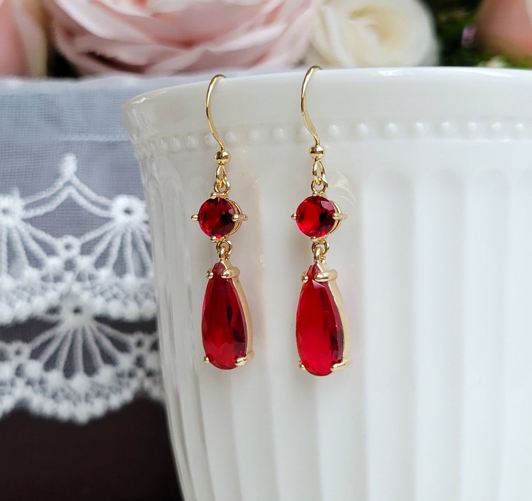 Red Crystal Drop Earrings Red Drop Earring Ruby Drop Earring Etsy