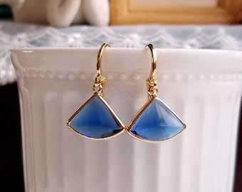 Blue drop earrings, Fan shape crystal, Minimal jewelry, Golden earrings, Hoops earrings, Huggie hoops, Everyday earrings