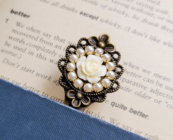 White Rose Pearl Bookmark, Antique Bronze Metal Clip